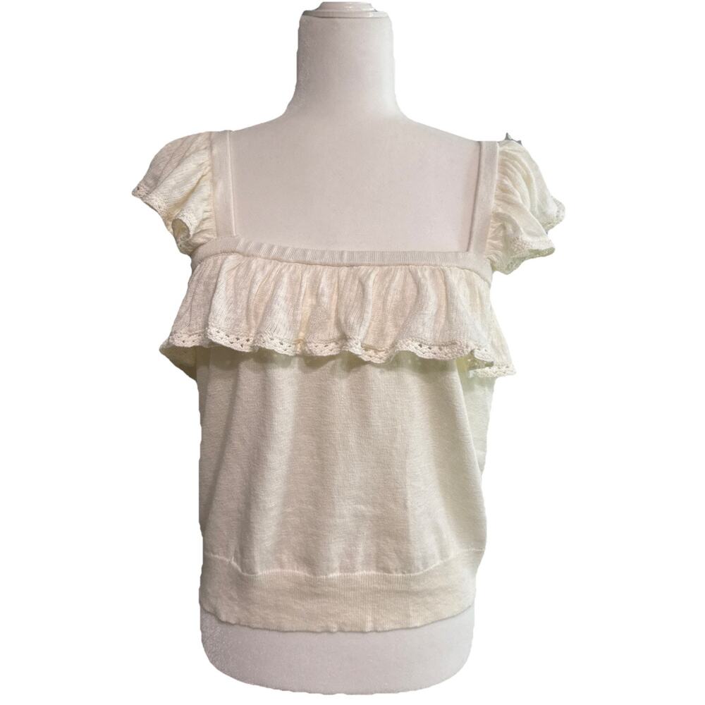 Ann Taylor Top Womens L Ivory Linen Square Neck Ruffles Romantic Coquette New